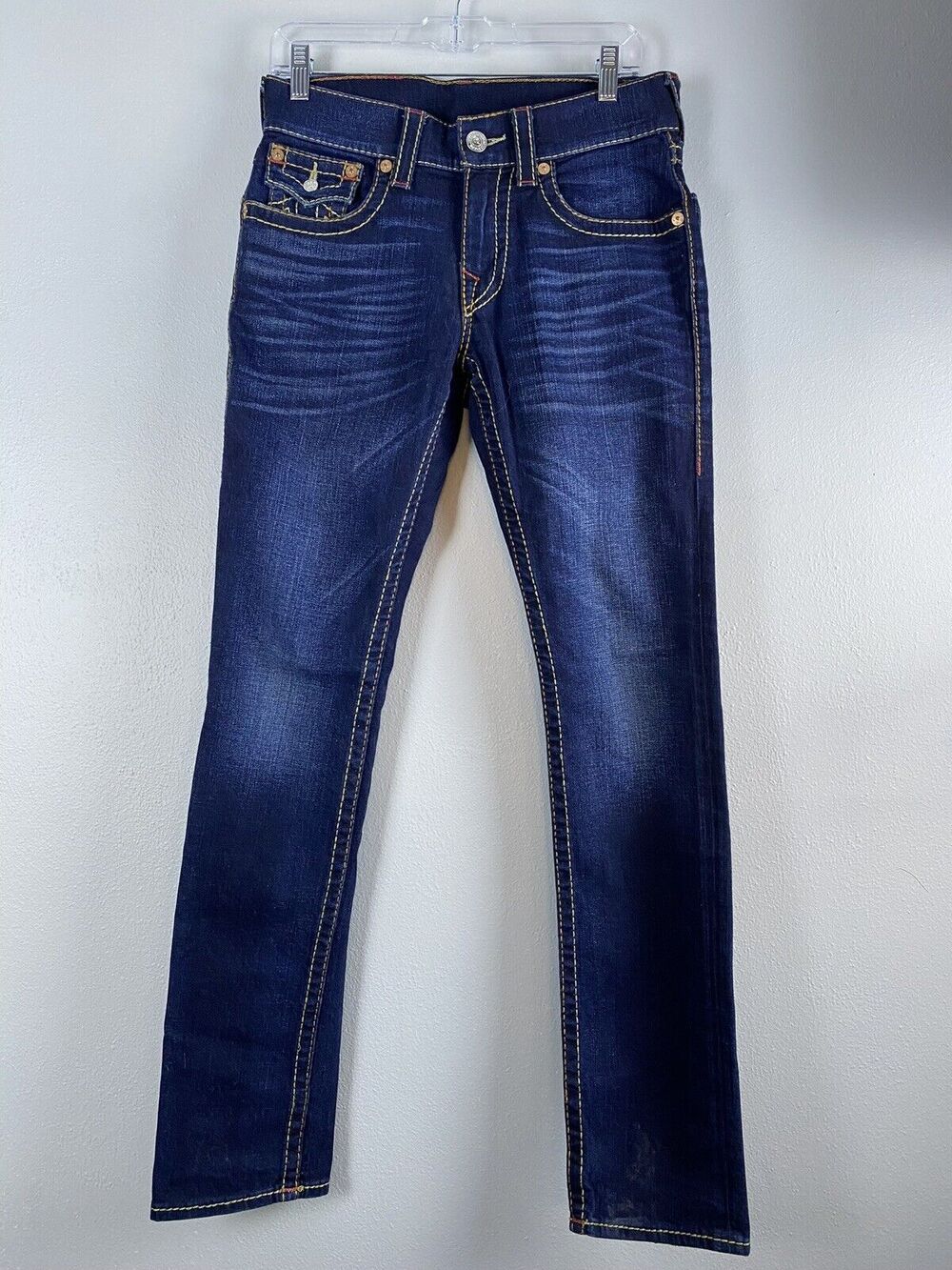 NWOT True Religion Sz 29 Mens Slim Fit Ferd Flap OM Big T Red Dk Blue Jeans
